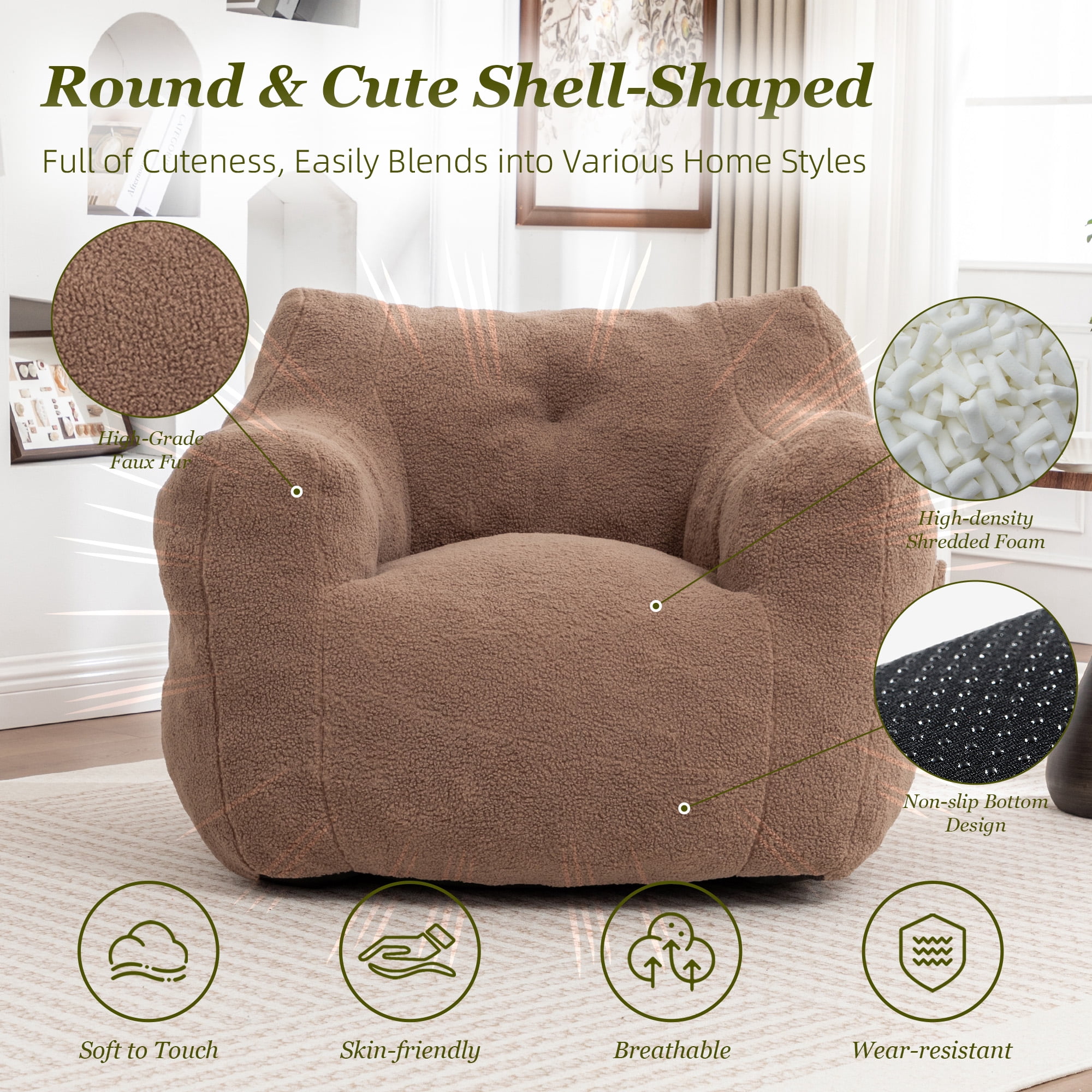 MOONMISS Bean Bag Chair, Bean Bag Sofa Chair with Armrests Stuffed High-Density Foam, Lazy Sofa Comfy Chairs BeanBag Chair for Adults in Living Room,Bedroom Reading,Coffee