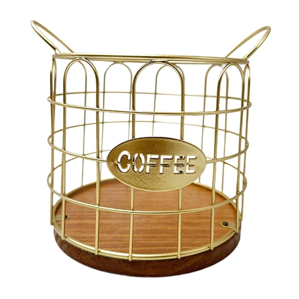 Soporte para cápsulas de café, jaulas para cápsulas de café de hierro con base de madera, cesta para cápsulas de café oro