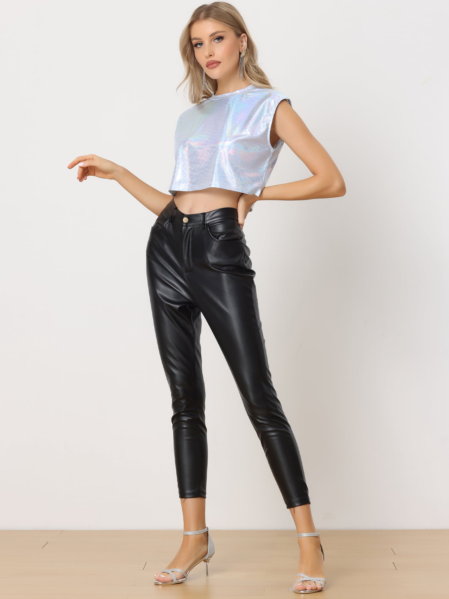 DARING DIVA Women's Sleeveless Sparkle Round Neck Crop Holographic Tops XL Silver-Plaid