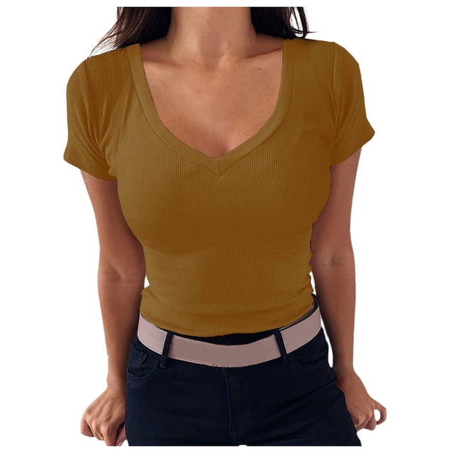 Women V Neck Ribbed Fitted Tight T-Shirt - Short Sleeve Basic Knit Top with Polyester Spandex Blend