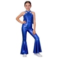 thumbnail image 2 of Xnihocha Kids Girls Metallic Dance Outfit Sleeveless Fringe Jumpsuit Flare Bell Bottom Pants 70s Disco Party Overalls Royal Blue 12, 2 of 6