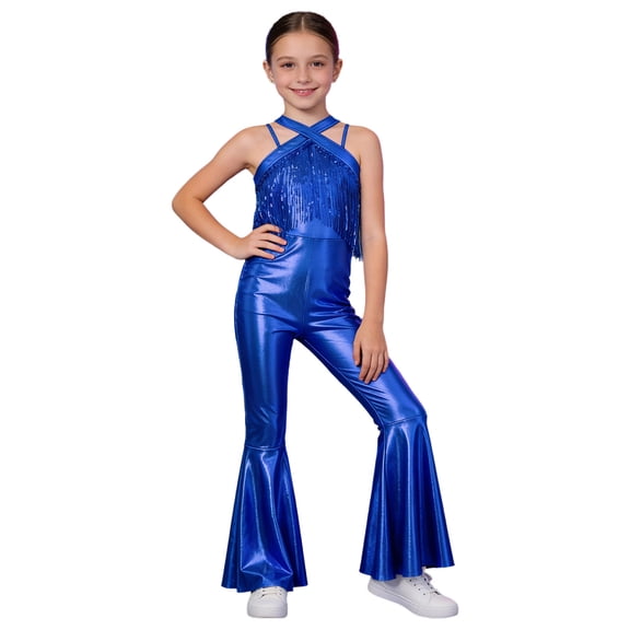 Aislor Girls Sleeveless Metallic Flared Pants Dance Jumpsuit 70s Party Stage Performance Royal Blue 8