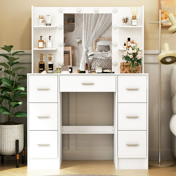 JBLCC Vanity Table with Mirror and Lights, White Makeup Vanity Desk with 10 LED Bulbs, 7 Drawers & Shelves for Bedroom