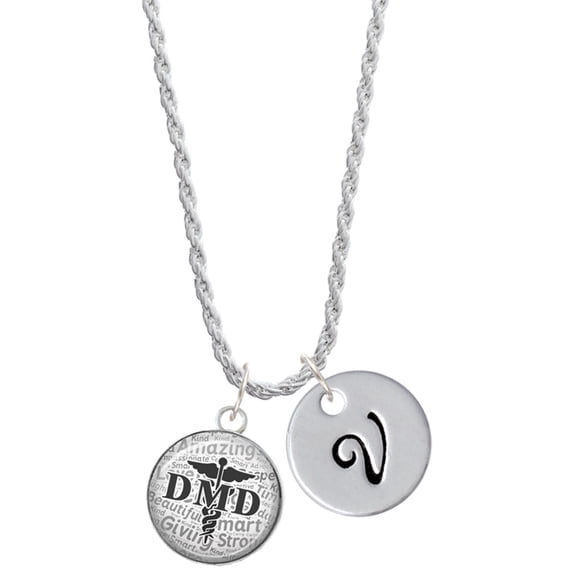 Delight Jewelry Silvertone Domed Black DMD Silvertone Script Initial Disc - V - Charm Necklace, 20"+3"