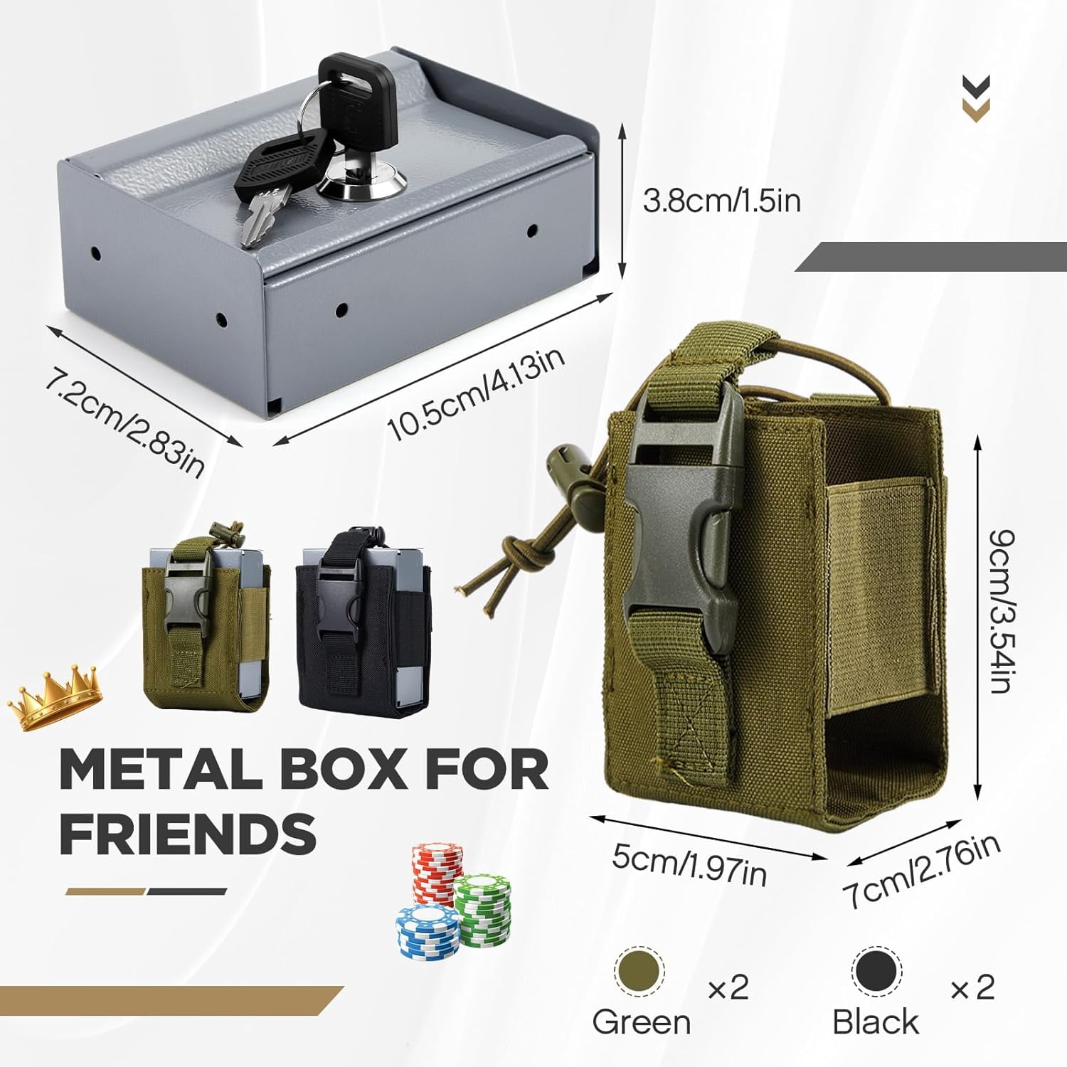 2 Pcs Metal Box with 2 Pcs Carrying Pouch Portable for Friends, Winner's Bank with Key for Casino, Small Lock Cash Box Pocket Sized for Money Safe Cash Wallet Stops Addictive