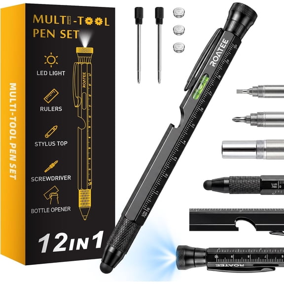 Fathers Day Men Multi Tool Pen 12 in 1 Cool Stuff Gadgets Gift for Husband Dad Birthday Personalized Gifts Fidget Construction Pen with Small Screwdriver, Level, Ruler,Led Light, Black