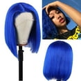 thumbnail image 2 of Perruque en Cheveux Humains Pré-Épilée Colorée 10 Pouces Lisse Courte Perruques Bob 13x4 Lace Front Perruque Bob Cheveux Vierges Blanchis Nœuds avec Cheveux de Bébé Bob Bleu, 2 of 7