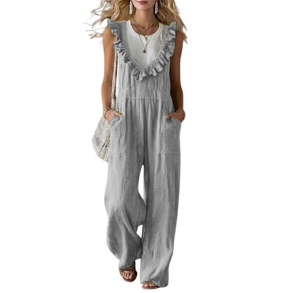 CHGBMOK Casual Summer Dressy for Women Ruffle Sleeveless Linen Jumpsuits with Pockets Wide Leg Pants