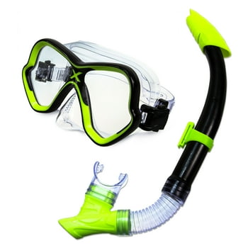 Dolfino Adult Latex Free Swim  and Snorkel Set with Duel Lens, Black and Neon