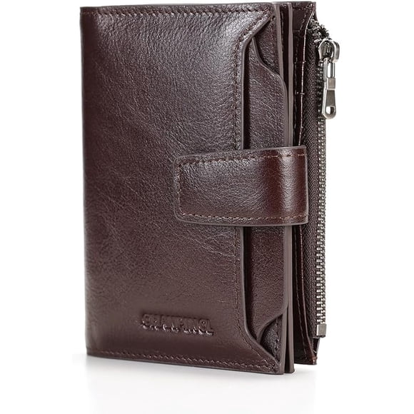 CHANPINCL Cartera con Zíper de Cuero Genuino para Hombre con Hebilla – Tarjetero de Gran Capacidad con Bloqueo RFID y Bolsillo para Monedas (Cuero Curtido Vegetal Marrón)