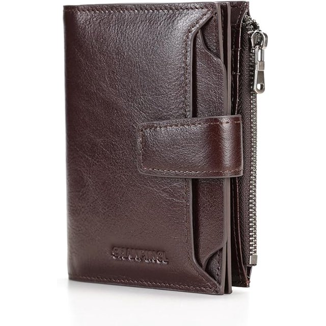 CHANPINCL Cartera con Zíper de Cuero Genuino para Hombre con Hebilla – Tarjetero de Gran Capacidad con Bloqueo RFID y Bolsillo para Monedas (Cuero Curtido Vegetal Marrón)