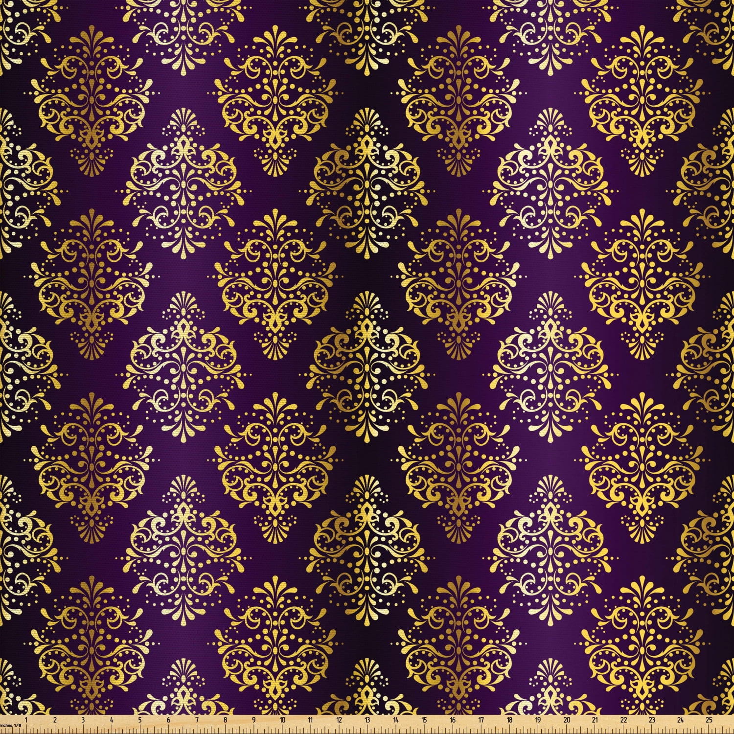 Yellow Damask Fabric by The Yard, Graphic Pattern of Oriental Leaf and