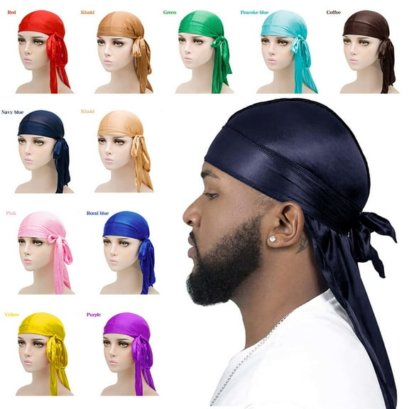 Janrevotw Durags for Men Silky Cap with Long Tail and Wide Straps Colorful 360 Waves Du Rag Cap for Men and Women Hip Hop Rapper 25 Colors