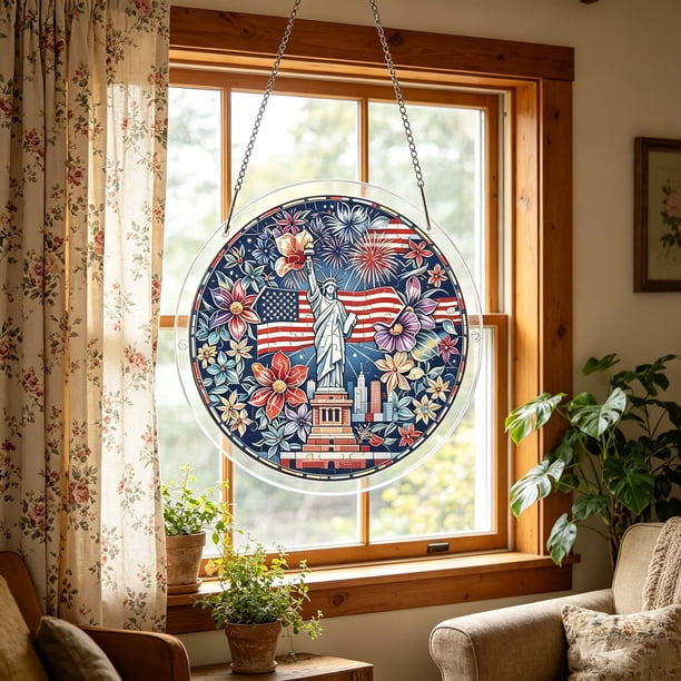 CaiYueKe Independence Day Acrylic Puzzle Suncatcher DIY Stained Glass Style Sun Catcher Patriotic Theme Window Hanging Home Decor 4th of July Decoration Gift for Puzzle Lovers