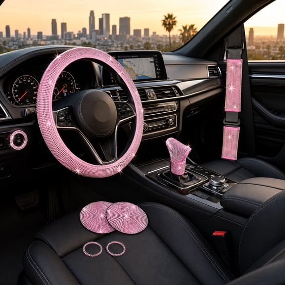 8 pcs Pink Bling Car Accessories Set for Women, Steering Wheel Cover, Sparkly Seat Belt Covers, Bling Gear Shift Cover, Universal Fit Most Cars (All Pink Diamond)