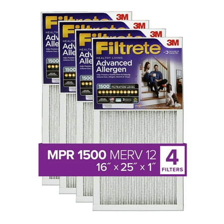 Filtrete by 3M, 16x25x1, MERV 12, Advanced Allergen Reduction HVAC Furnace Air Filter, Captures Allergens, Bacteria, Viruses, 1500 MPR, 4 Filters