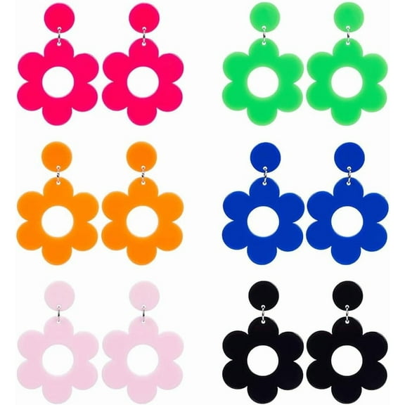 6 Pairs 6 Colors Acrylic Flower Earrings for Women Colorful Daisy Hollow Earrings Pink Flower Earrings Vintage Resin Floral Earrings Fashion Jewelry Costume Party Birthday Gift