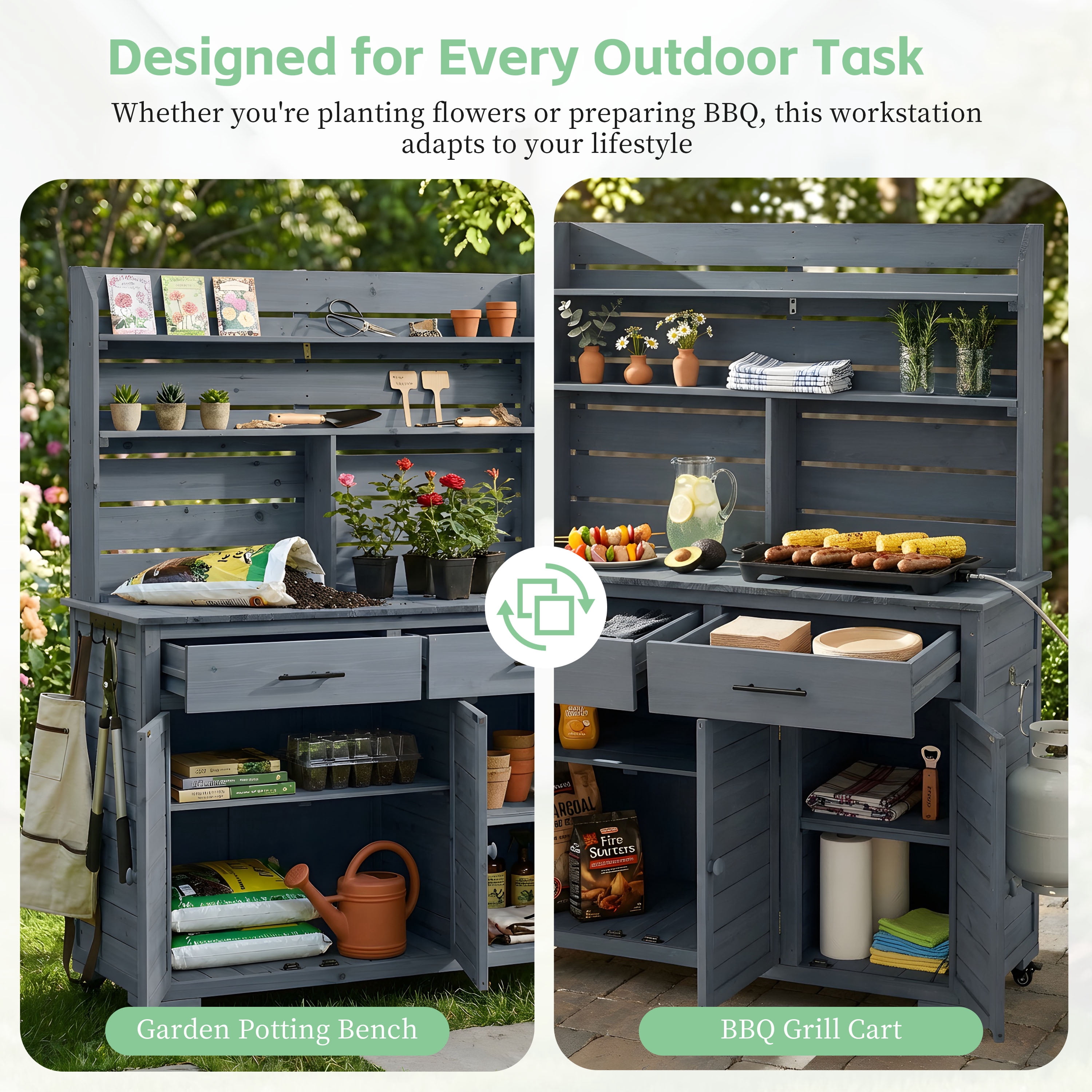 Mintazer 65"H Rolling Outdoor Potting Bench with 2 Drawers & Storage Cabinet, Farmhouse Kitchen Island Prep Cart with Hutch Top & Shelves, Gray
