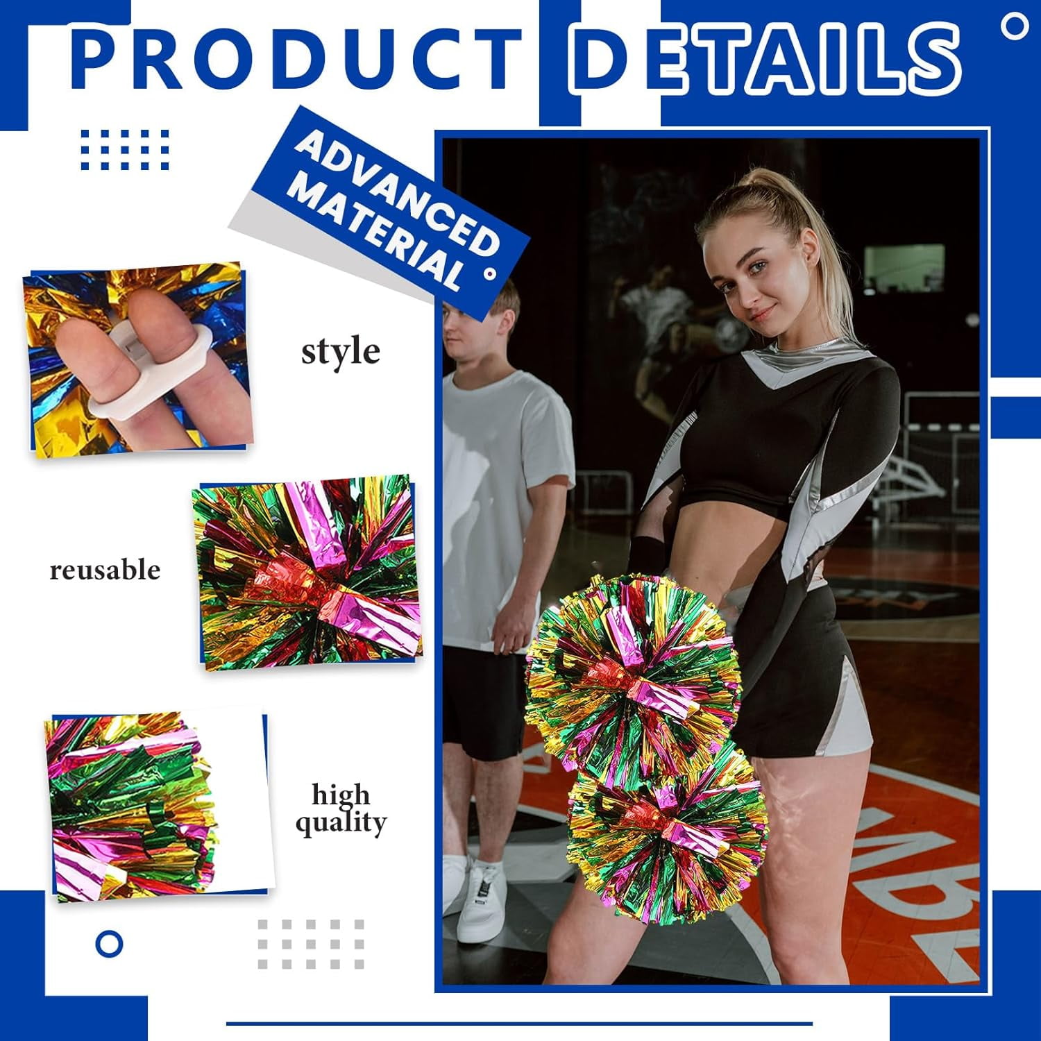 8 PCS Metallic Cheerleading Pom Pom for Team Spirit Sports Dance Cheering Kids Adults-Ring Style