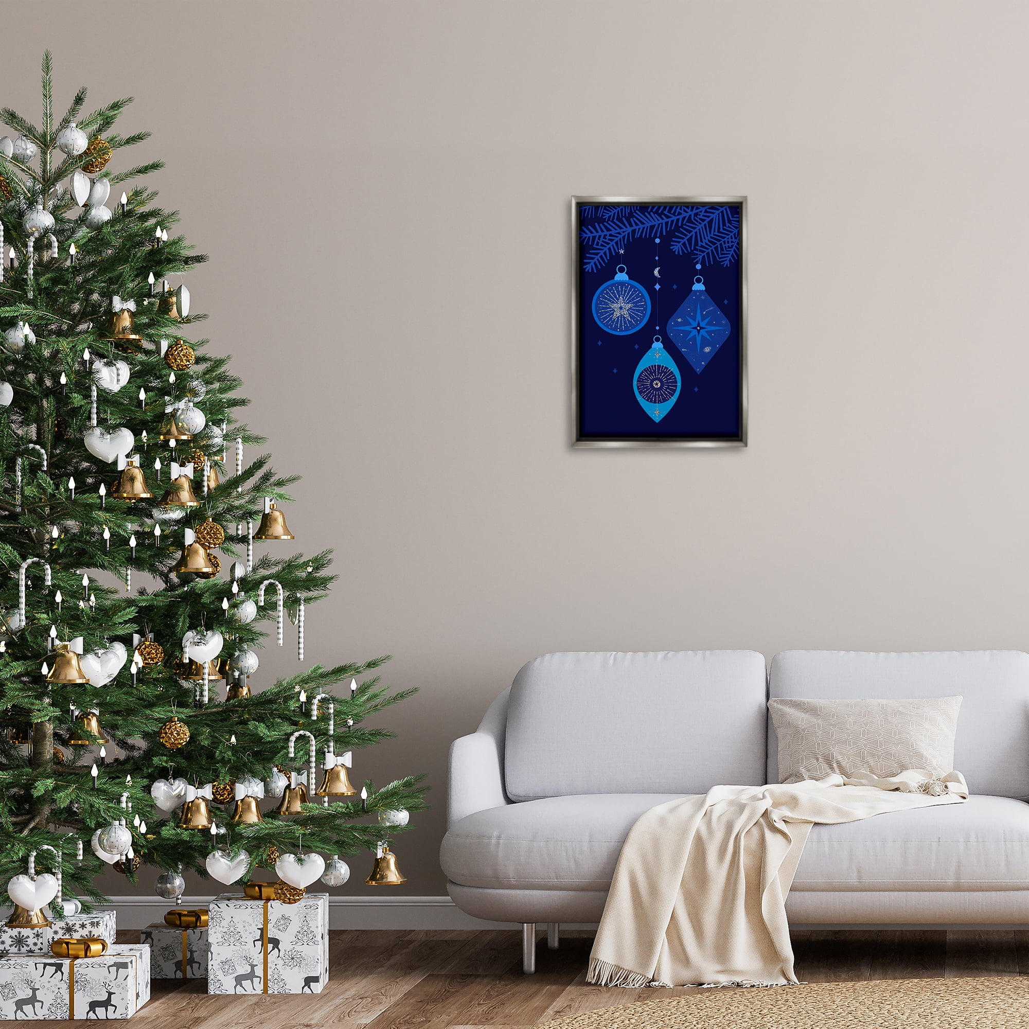 Stupell Industries Blue Hanging Ornaments Holiday Painting Gray Floater Framed Art Print Wall Art, 17 x 25
