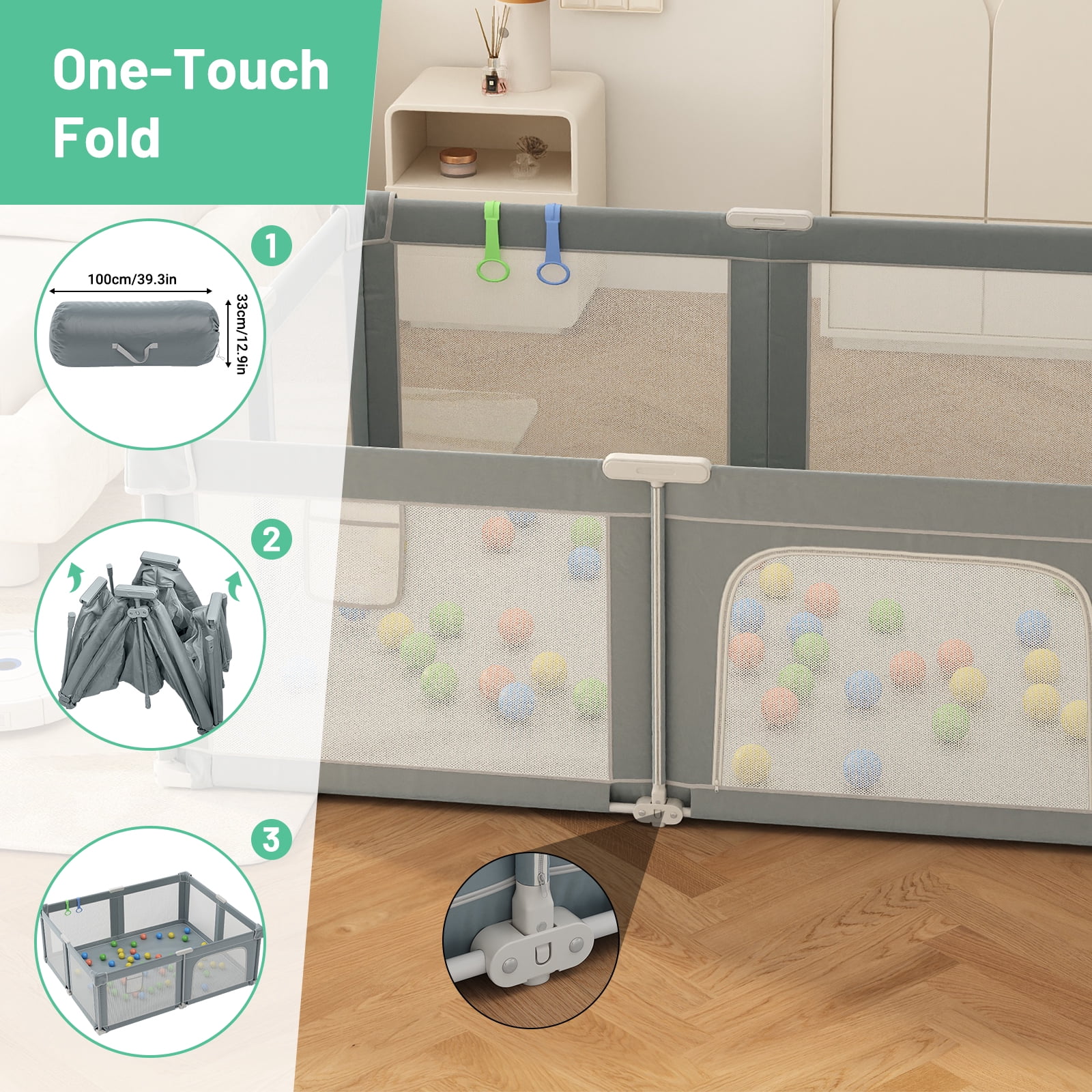 73“×61” Baby Playpen with Mat, Extra Large Baby PlayYards,Child Play Yard with Breathable Mesh for Indoor&Outdoor, Deep Gray