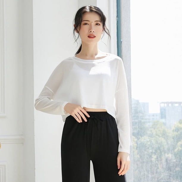 Blusa de baile moderna suelta para mujer, top con ombligo, ropa de baile corta, camiseta de manga larga con cintura expuesta, moda para mujer