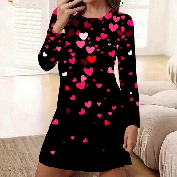 Sakmal Valentines Moo Moos for Women Nightgowns Love Soft Long Sleeve Loungewear Knee Length Heart Print Ladies Nightgown L