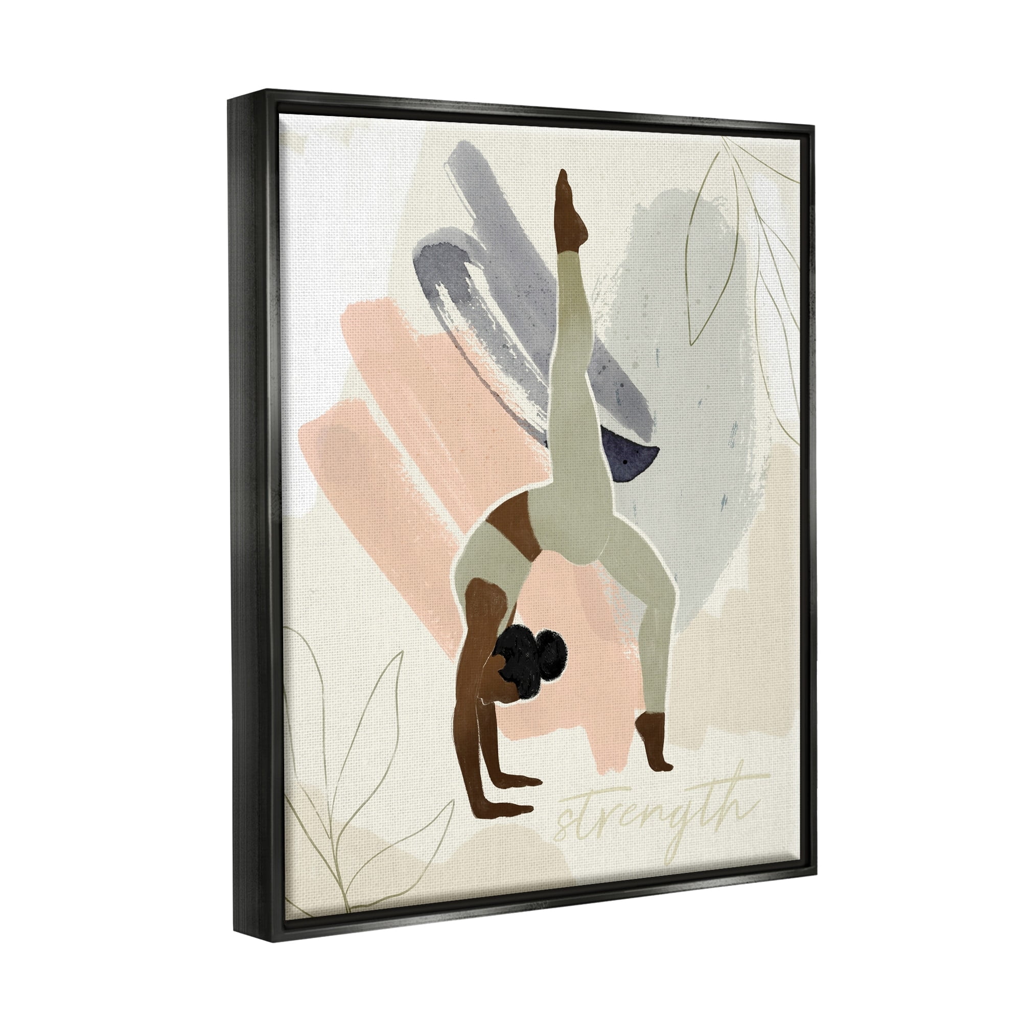 Stupell Industries Strength Abstract Leaf Simple Yoga Fitness Person Jet Black Framed Floating Canvas Wall Art, 24x30, by Victoria Barnes