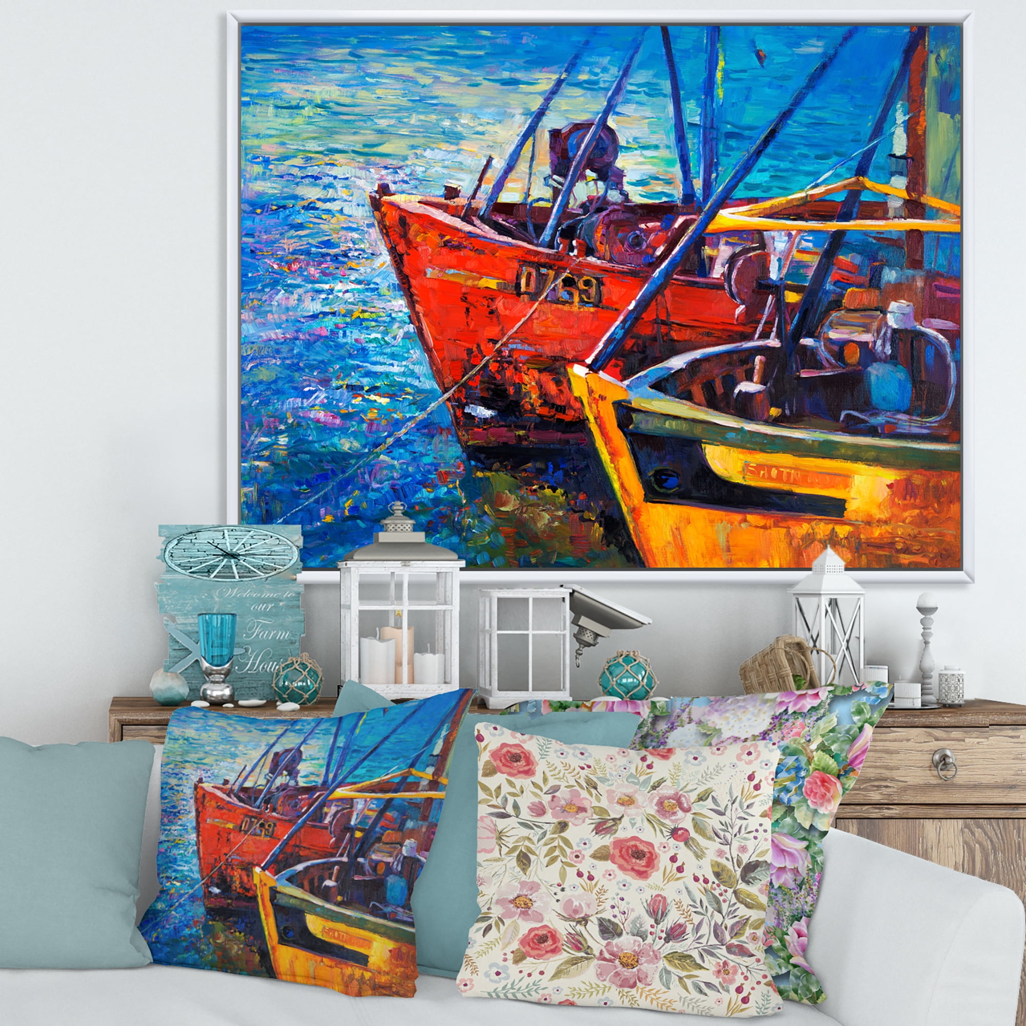 Boats During Warm Sunset Resting On The Water VII 40 in x 30 in Framed Painting Canvas Art Print, by Designart