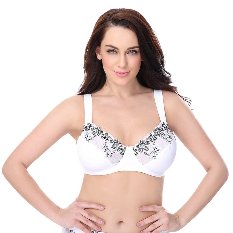 Curve Muse Plus Size Minimizer Underwire Unlined Bra with Embroidery  Lace-3Pack-NAVY,WHITE,SLATE-46C 