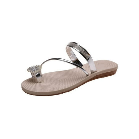 

Daeful Ladies Flat Sandals Comfort Flip Flops Rhinestone Fashion Slippers Beach Casual Stylish Summer Thong Sandal Silver 7.5