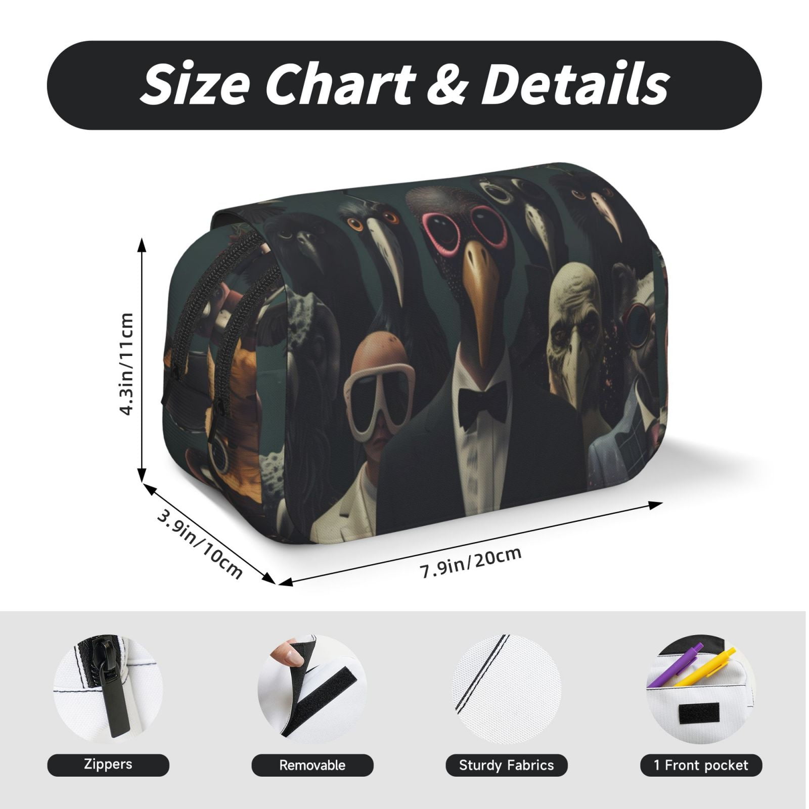 Rateoe Stylish Avian Gathering Pattern Double Clamshell Pen Case, Storage Organizer with Two Zipper Compartments– Holds Up to 50 Pencils & Pens
