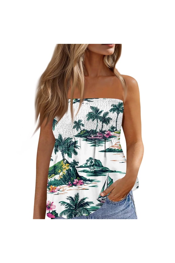 Womens Tops Going Out Asymmetrical Sheer Embellished Shell Top Flowy Palm Tree Pattern Women's Shirt