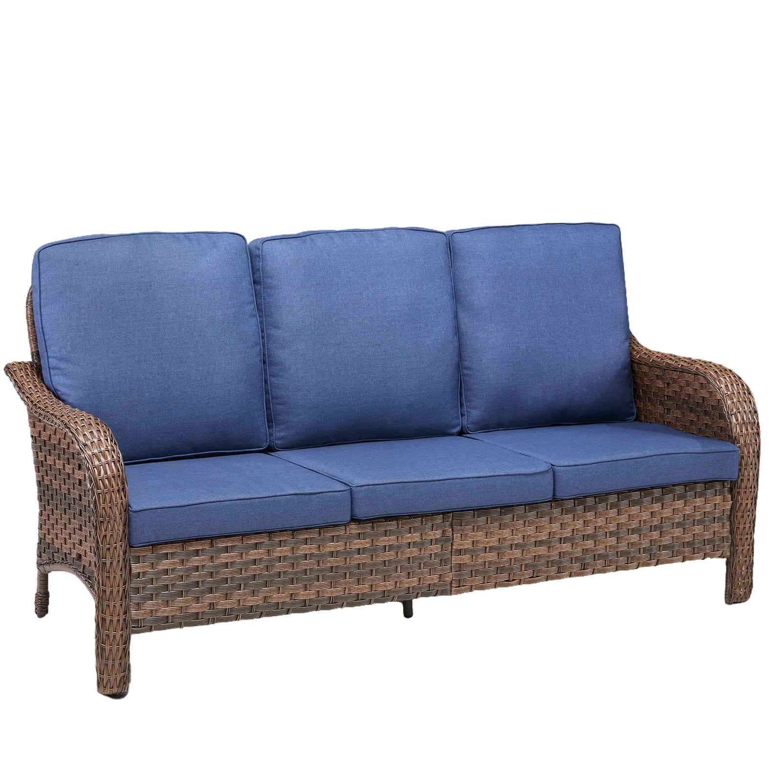 Hommoo 70.9" PE Wicker Rattan Outdoor Patio Furniture Sofa Couch, 3 Seat Patio Sofa with Cushions, Blue