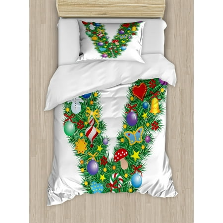 Letter V Duvet Cover Set Ornament Christmas Tree Design