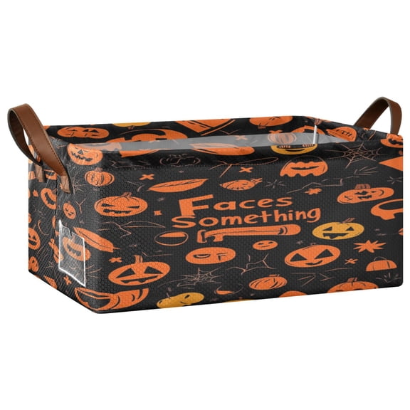 Pattern Of Black and Orange Halloween Symbols Storage Basket Soccer Plaid Fabric Hoard Box Oversized Collapsible Closet Organizer with Metal Iron Frame 16.9×11.4×7.7in