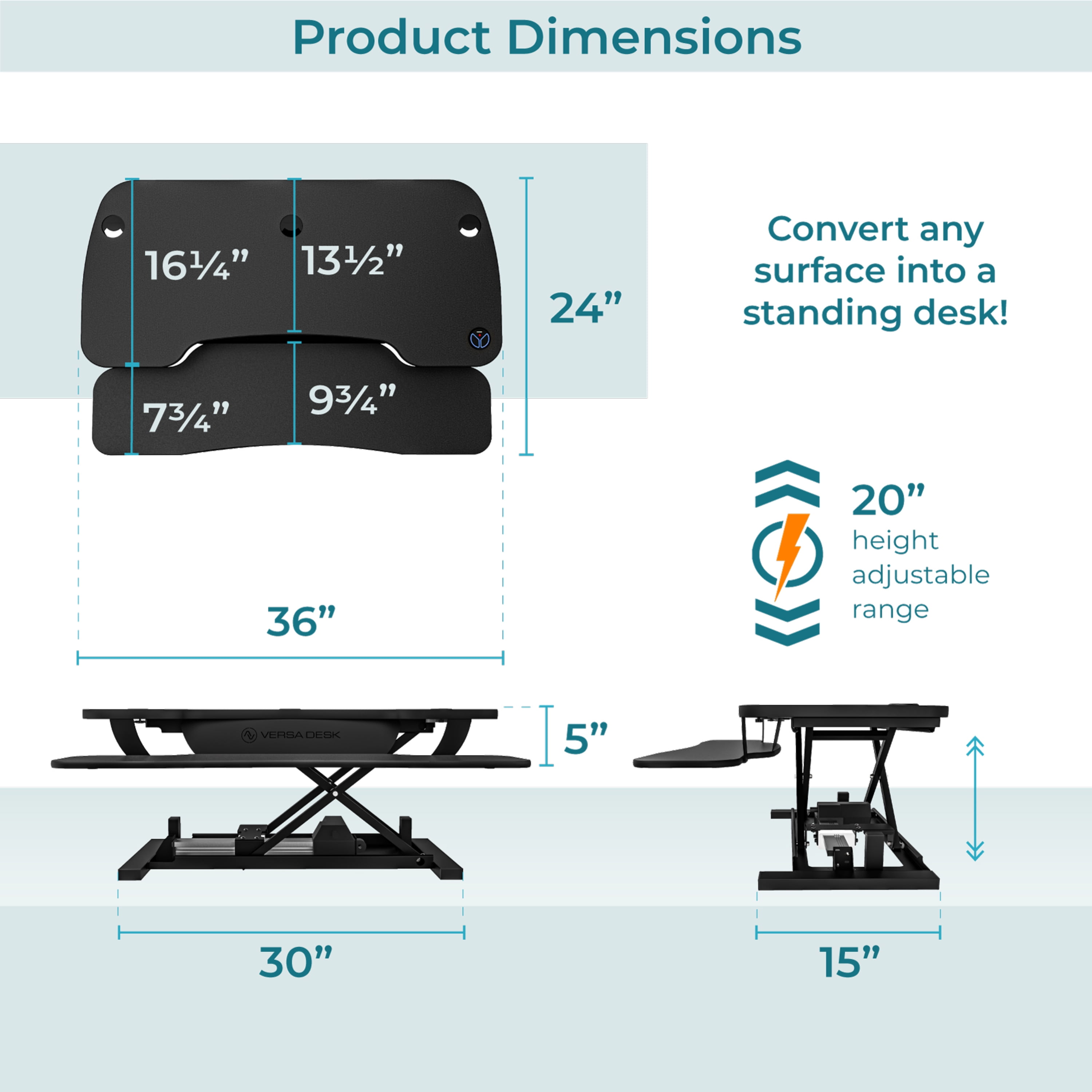 VersaDesk PowerPro Elite 36" Electric Standing Desk Converter w/ Programmable Switch, USB Port & Mobile APP, Black
