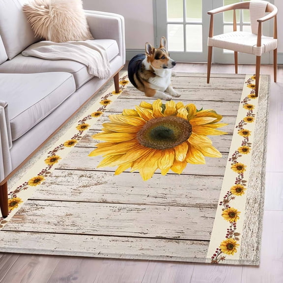 Vintage Sunflower Area Rugs 2.7'x5', Small Throw Rugs for Kitchen Bedroom, Wooden Yellow Summer Botanical Floral Retro Indoor Outdoor Rug Non-Slip Low Pile Carpet Runner Reversible Floor Mats