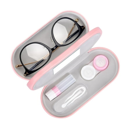 Muf 2 in 1 Contact Lens Case and Glasses Case,Double Sided Dual Use Design,Leak Proof & Portable,Tweezer and Contact Lens Solution Bottle Included for Travel Kit,Pink