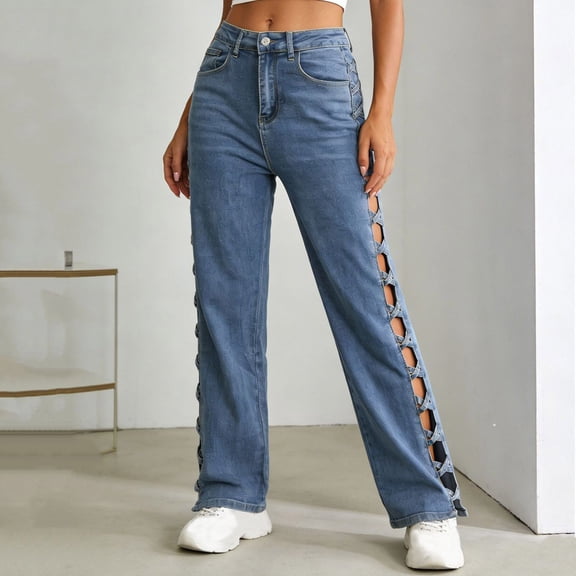 Cagogo Women's Wide Leg High Waisted Jeans with Pockets Zipper Button Denim Streetwear Long Pants Casual Loose Fit Jeans for Women Summer Travel, Dark Blue M