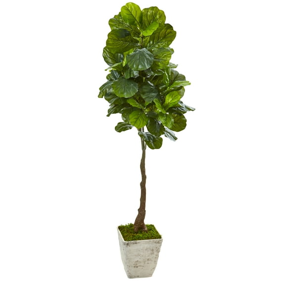 Nearly Natural 67in. Fiddle Leaf Artificial Tree in Country White Planter (Real Touch)