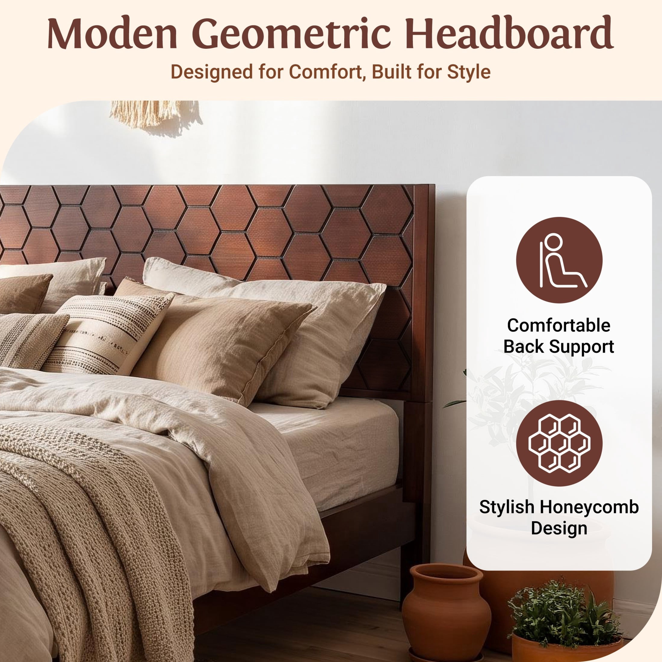 Christopher Knight Home Modern King Wooden Platform Bed Frame With Honeycomb Headboard, Walnut