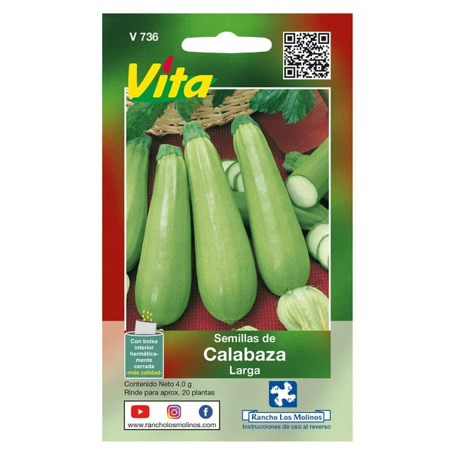 Semillas Calabaza Larga Vita, paquete frontal con semillas multicolor de calabaza larga sobre fondo rojo, mostrando varias calabazas verdes alargadas con hojas y canasta tejida al fondo. Ideal para plantar en macetas o jardín con tierra floja y bien abonada, rinde hasta 20 plantas, germinación de 6 a 8 días y cosecha en 60 a 70 días. También es adecuada para ensaladas frescas.