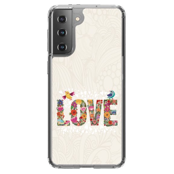 DistinctInk Clear Shockproof Hybrid Case for Galaxy S21  PLUS 5G (6.7" Screen) - TPU Bumper, Acrylic Back, Tempered Glass Screen Protector - Spring Collection - Floral LOVE Birds