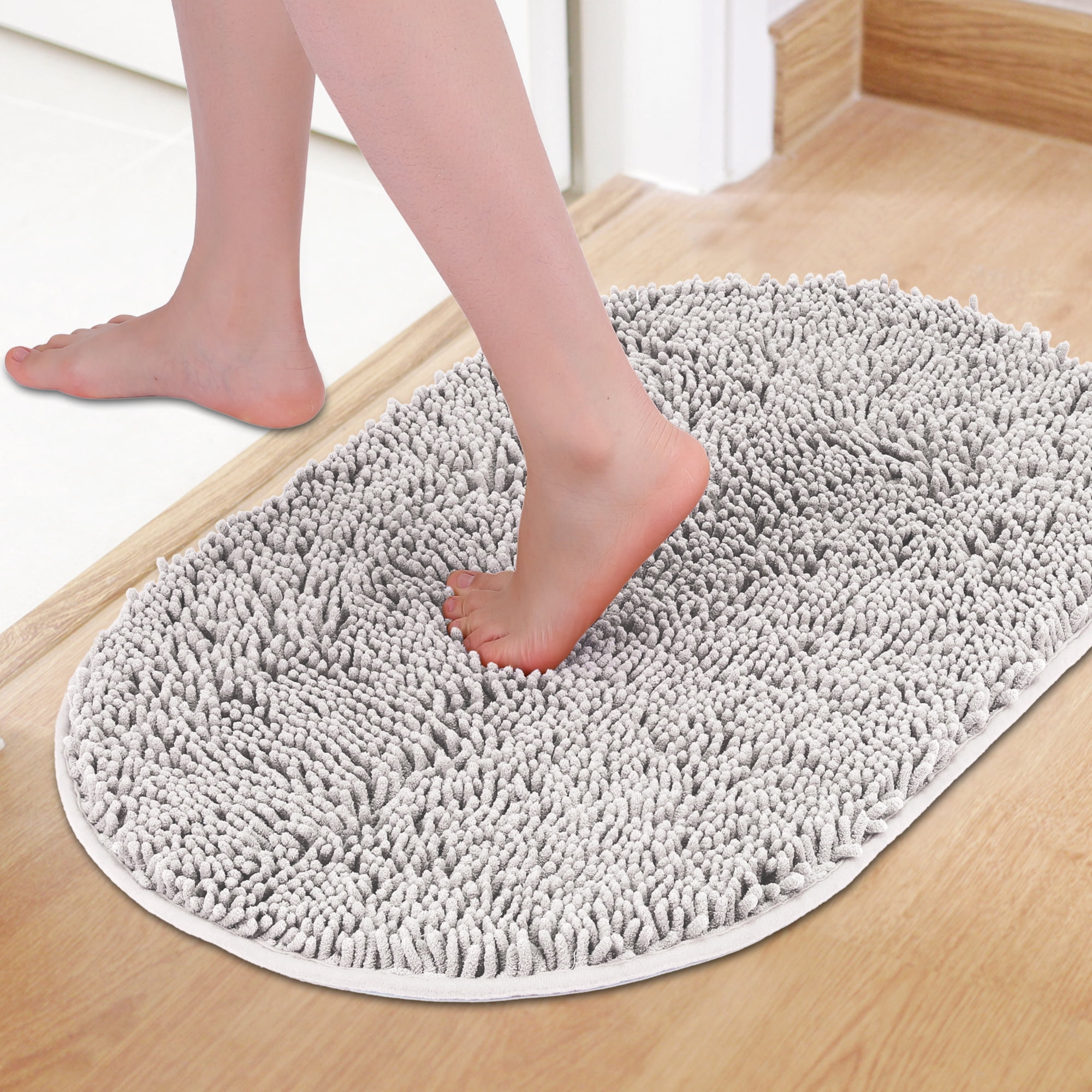 Unique Bargains 2 Pcs Oval Plush Mat Non Slip Washable Rug Light Grey 16" x 24"