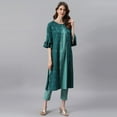thumbnail image 3 of Janasya Indian Round Neck 3/4 Sleeve Gold Print Green Poly Crepe Kurta For Women, 3 of 7