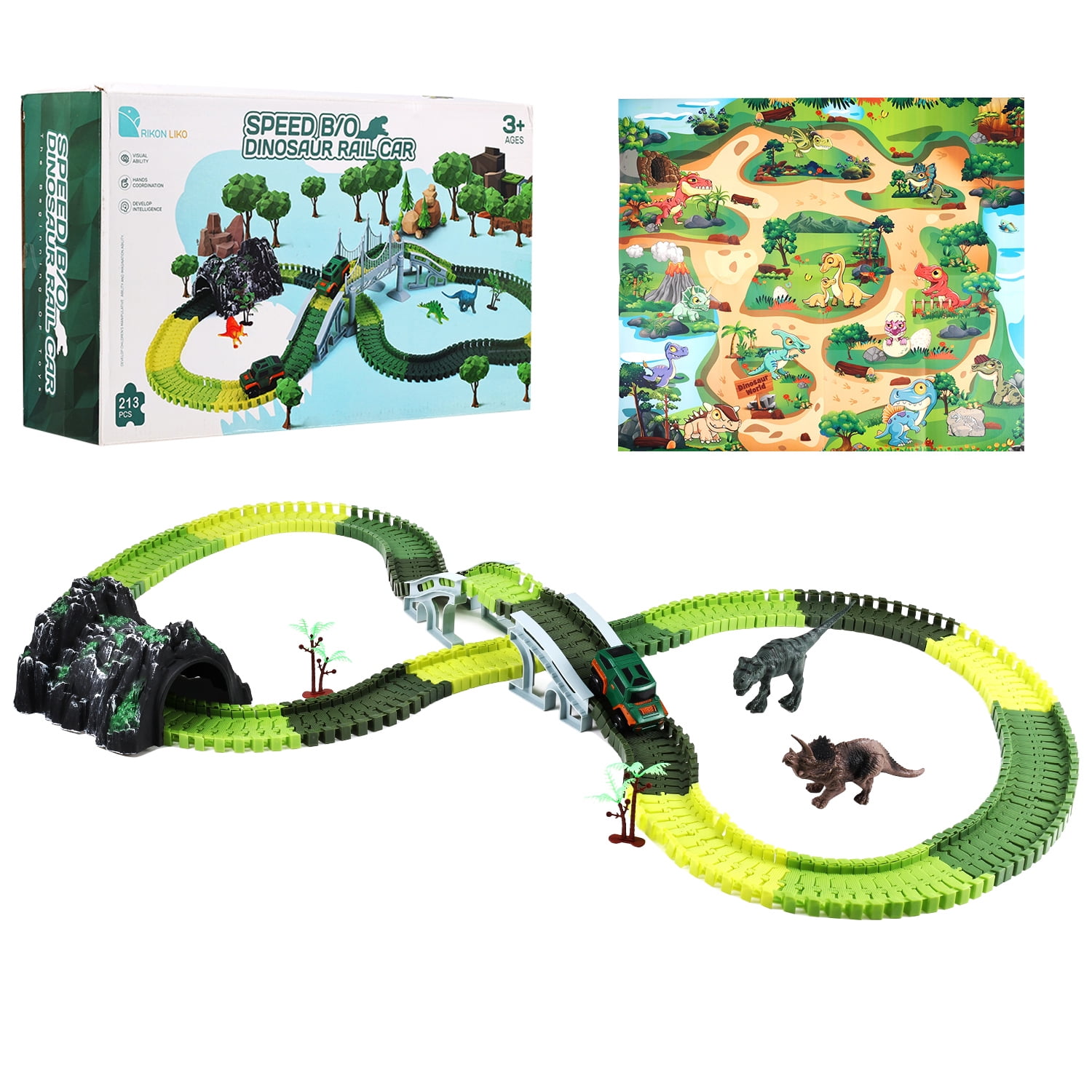 Anpro Dinosaur Toys Race Car Track Set for Kids, 250pcs Race Car Track Set Vehicle Playsets Dinosaur World Road Toys Flexible Track Playset for Boys Age 3+ Best Gift
