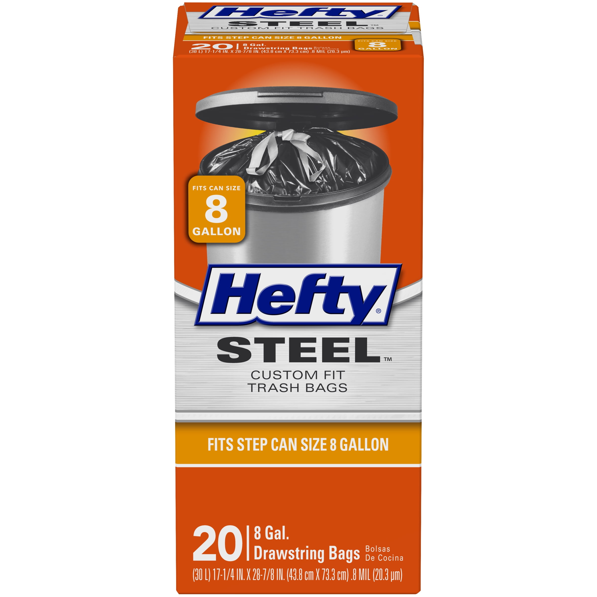 Hefty Steel Custom Fit G Size Drawstring Trash Bags, Black, Unscented, 8 Gallon, 20 Count