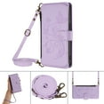 thumbnail image 2 of Case for iPhone 14 Plus, PU Leather + TPU, with Crossbody Strap + Wrist Strap, Zipper Pocket Card Slots and Cash Pocket Magnetic Clasp Kickstand Embossed Women Girls Wallet Case, Purple, 2 of 19