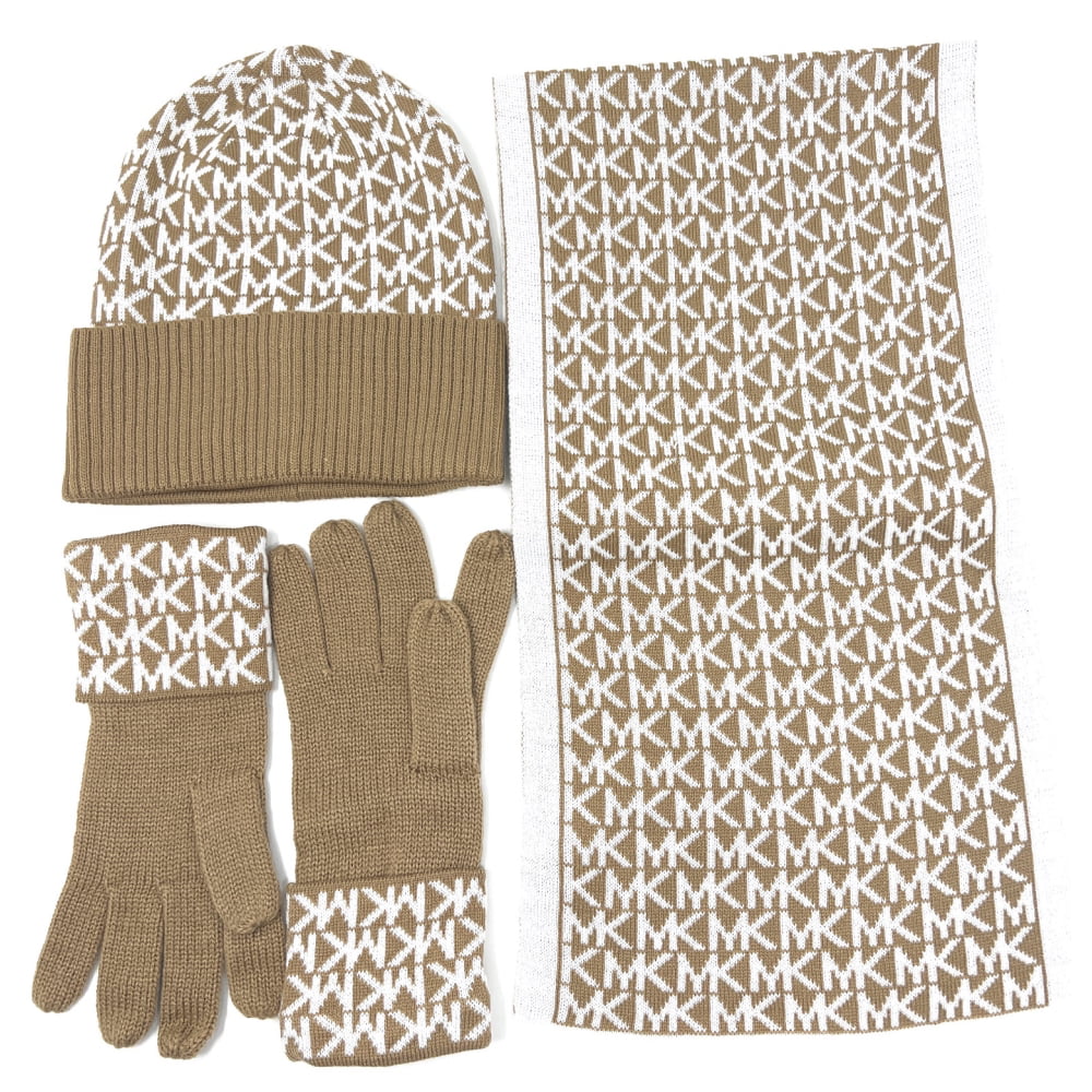 Michael Kors Monogramed Knit 3-Piece Box Set Scarf, Hat & Gloves,  Black/Burgundy 